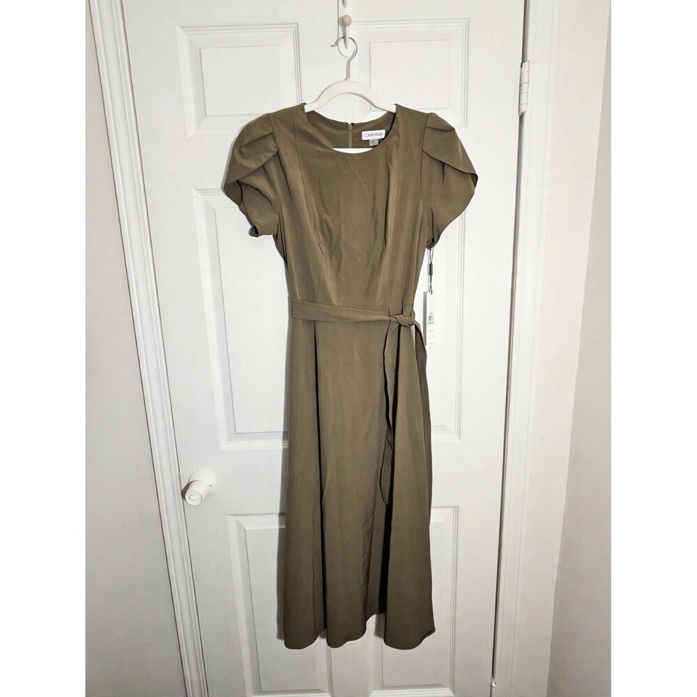 Calvin Klein Belted Midi Dress Olive Green Tulip Sleeve Tie Waist Size 8 NWT